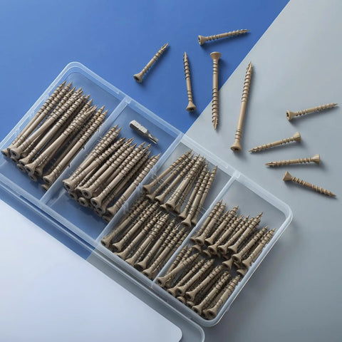 Badass Heavy Duty Deck Screws Assortment Kit 96 Piece Exterior Wood Fasteners With Rust Resistant Epoxy Coating in storage box.