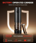Electric Salt And Pepper Grinder Set Battery Powered With Led Light Adjustable Coarseness And Large Capacity One Hand Operation Kitchen Gadget showing battery compatibility and features.