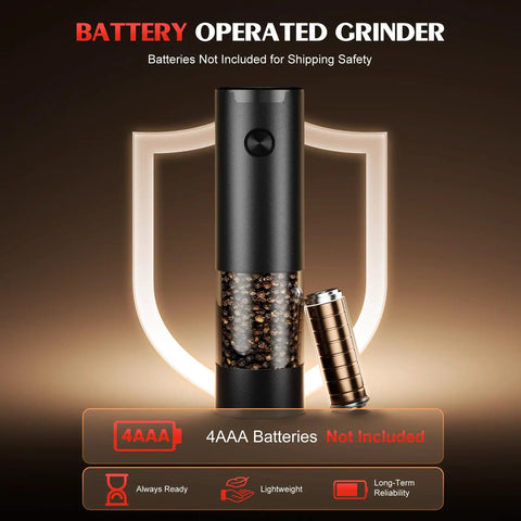 Electric Salt And Pepper Grinder Set Battery Powered With Led Light Adjustable Coarseness And Large Capacity One Hand Operation Kitchen Gadget showing battery compatibility and features.