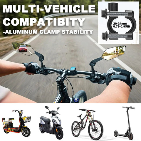 Two Pack Bike Mirrors for Handlebars With Real Glass Flat Lens and Sturdy Aluminum Clamp, multi-vehicle compatibility shown