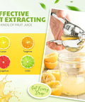 Heavy Duty Lemon Squeezer Juicer Hand Press extracting juice from lemons into a glass, ergonomic long lever, stainless steel design, kitchen tool