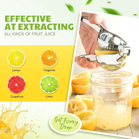 Heavy Duty Lemon Squeezer Juicer Hand Press extracting juice from lemons into a glass, ergonomic long lever, stainless steel design, kitchen tool