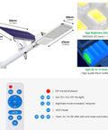 Diagram of 500W Solar Parking Lot Lights Outdoor Flood Lighting 18000LM Dusk to Dawn Remote Control with dimensions and remote control features.