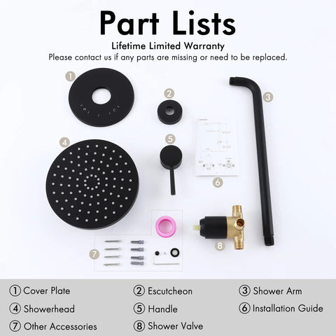 All In One Black Shower System With Rain Shower Head And Wall Mounted Trim Kit Pressure Balance Valve With Anti Scald Technology Easy Install Durable Brass Construction For Modern Bathrooms parts list display