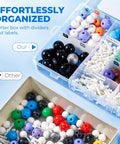 Organized storage box from 238 Piece Molecular Model Kit For Organic And Inorganic Chemistry showing atoms and bonds.