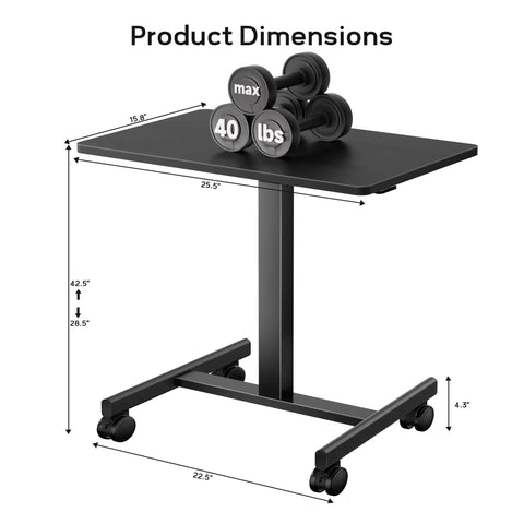 Mobile Standing Desk On Wheels With Height Adjustable Range From 28.5 To 42.5 Inches Gas Spring Assisted Elevation shown with dimensions and 40 lb weight capacity, black