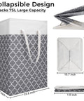 Six Pack 75L Large Collapsible Laundry Baskets With Reinforced Handles, Waterproof Freestanding Hamper set showing size dimensions.