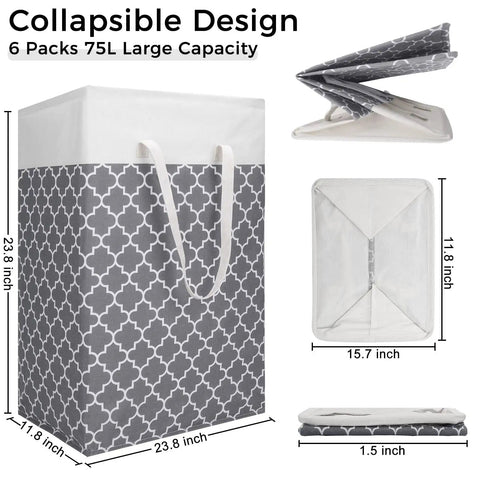 Six Pack 75L Large Collapsible Laundry Baskets With Reinforced Handles, Waterproof Freestanding Hamper set showing size dimensions.