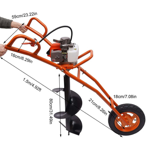 Side view of Kebayuneth 63CC 2-Stroke Hole Digger gas-powered earth auger with orange frame and single wheel