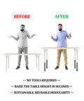 Before and after using Heavy Duty Folding Table Risers 8 Pack Adjustable Leg Extenders showing height adjustment.
