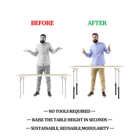 Before and after using Heavy Duty Folding Table Risers 8 Pack Adjustable Leg Extenders showing height adjustment.