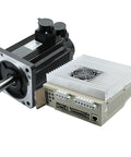 Angled view of black AC servo motor with ribbed housing and silver matched drive unit