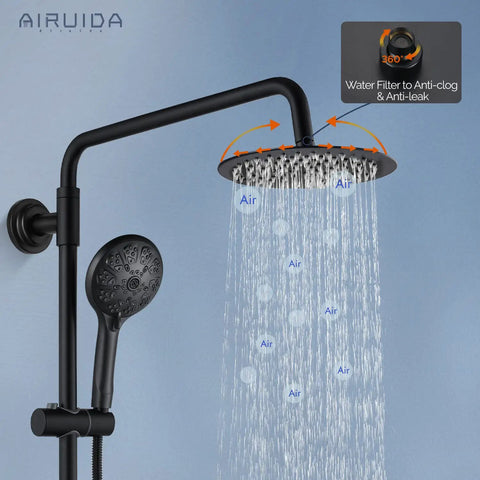 Matte Black Retrofit Shower System With 8 Inch ABS Rain Shower Head And 5 Function Handheld Shower in use