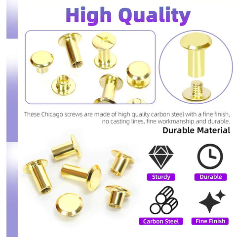 Top Shelf Pro Grade Gold Leather Rivets And Chicago Binding Screws Assortment Kit With Smooth Install Tools For No Sweat Diy Repair and Bookbinding Crafts Total 110 Sets Six M5 Sizes showing gold carbon steel Chicago screws with fine finish.