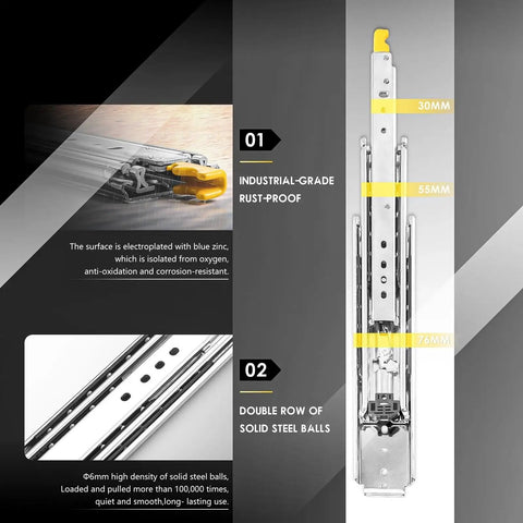 Heavy Duty Full Extension Drawer Slides Built Like A Tank With Secure Lock And Smooth Ball Bearings Handle 485 Pounds close-up of rust-proof steel slides.