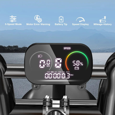 Digital display of Beast Mode 1200W Peak Ebike showing speed and battery level against mountain backdrop.