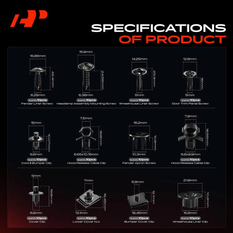 Specifications of 220 Piece Retainer Clip Kit Fastener Replacement Set For Hyundai Venue showing sizes and types of clips and screws.