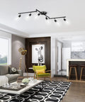Six Light Track Lighting Kit With Flexible Foldable Arms And Rotatable Heads, E26 Base Black Ceiling Spotlight installed in modern living room