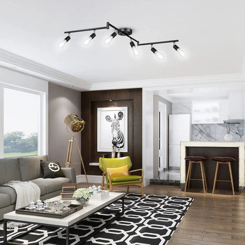 Six Light Track Lighting Kit With Flexible Foldable Arms And Rotatable Heads, E26 Base Black Ceiling Spotlight installed in modern living room