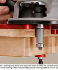Close-up of Heavy Duty Cast Aluminum Router Corner Jig And Chamfer Template Set with router bits and wooden base, showing setup.