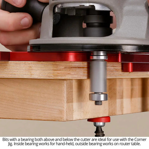 Close-up of Heavy Duty Cast Aluminum Router Corner Jig And Chamfer Template Set with router bits and wooden base, showing setup.