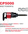 Heavy Duty Air Impact Wrench With Extended 7 Inch Anvil And Beefy D Grip Handle That Smashes Through Stuck Bolts With 2500 Ft Lbs Reverse Torque And 3700 RPM, showcasing robust structure.