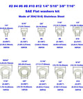 Front view of MCMASKE 360-piece stainless steel SAE flat washers assortment, sizes #2–#12 for screws and bolts.