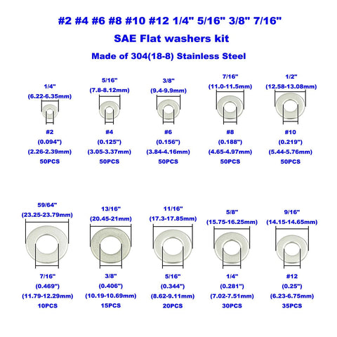 Front view of MCMASKE 360-piece stainless steel SAE flat washers assortment, sizes #2–#12 for screws and bolts.