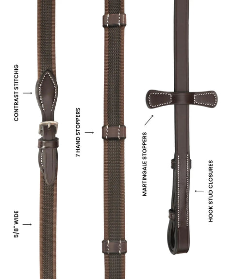 Rubberized Web Reins For Horses With Premium Leather Grippy Non Slip Grip Seven Hand Stoppers And Stainless Steel Buckles