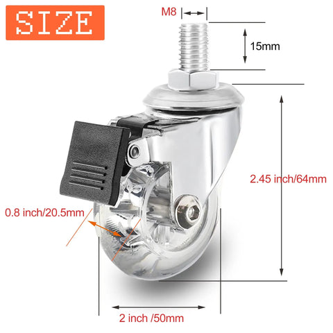 Premium 2 Inch Polyurethane Gel Caster Wheels With M8x15mm Threaded Stem And Secure Locking Brake detailed view with dimensions.