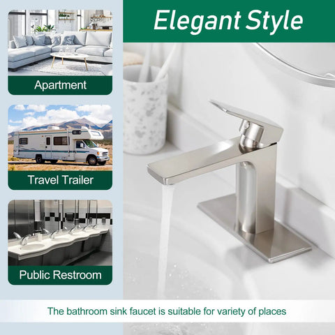 Brushed Nickel Single Handle Bathroom Faucet For One Or Three Hole Sinks With 6 Inch Deck Plate, Easy Install RV Ready, 1.2 GPM