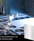 304 stainless steel sheet (front view), 12 x 8 in, 0.024 in thick, being CNC laser-cut with circular holes