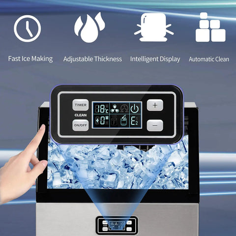 No Fuss Heavy Duty Countertop Ice Maker With Smart Led Panel showing user interface and ice cubes in view.