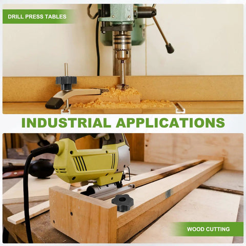 Industrial drill press and wood cutting machine showcasing applications for Heavy Duty Plastic Clamping Knobs Set With Brass Core, M10 Female Thread.