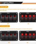 Four Gang Rocker Switch Panel With DIY Label Stickers And Pre Wired Jumpers SPST On Off 12V 20A And 24V 10A Aluminum Plate Red, LED on/off view