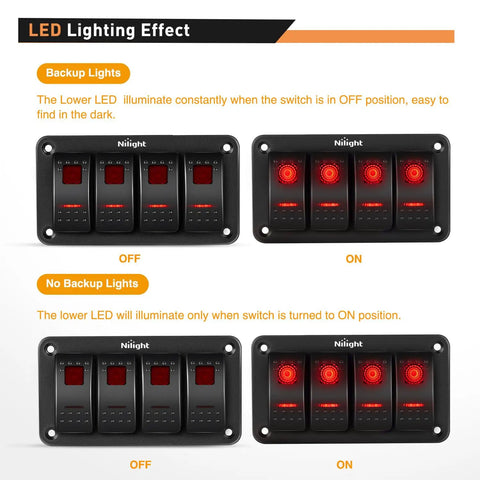 Four Gang Rocker Switch Panel With DIY Label Stickers And Pre Wired Jumpers SPST On Off 12V 20A And 24V 10A Aluminum Plate Red, LED on/off view