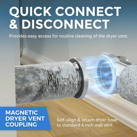 Close-up of Magnetic Dryer Vent Coupling Kit with Airtight Seal Quick Connect dryer vent for easy cleaning and self-aligning magnets.