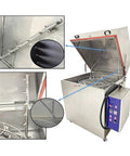 Heavy Duty High Pressure Rotary Parts Washer Featuring 360 Degree Deep Wash. Stainless steel 250 pound basket and heated drum.