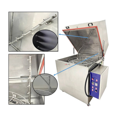Heavy Duty High Pressure Rotary Parts Washer Featuring 360 Degree Deep Wash. Stainless steel 250 pound basket and heated drum.