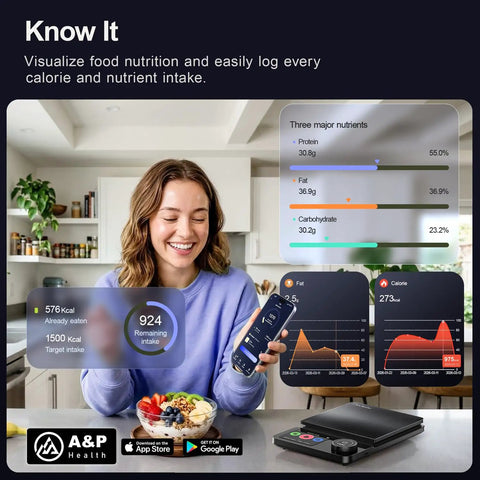 Woman using Smart Food Kitchen Scale With Nutritional Calculator And Timer, smartphone showing nutrients data, in kitchen.