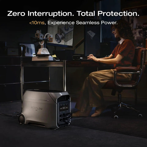Woman working at desk with Delta 3 Ultra Plus Portable Power Station With 3072Wh LiFePO4 Battery next to her chair