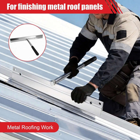 Worker using Beefy Heavy Duty 12 Inch Sheet Metal Bender Hand Hemming Tool for 24 Gauge Steel with 1 Inch Hem Depth on metal roof
