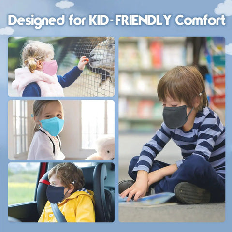 Kids wearing Kids KN95 Face Masks 50 Pack Five Layer Breathable Protection Multicolor Set With Adjustable Ear Loops And Silicone Anti Slip Buckles