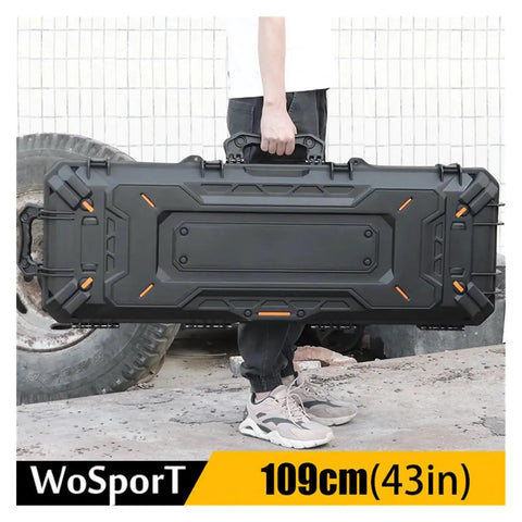 Road-Ready Waterproof Gear Case With Wheels For Cameras Computers Bows Arrows Fishing Rods Golf Clubs And More held by hand