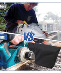 Comparison image showing Badass Heavy Duty Two Pack Dust Collection Bags For Table Saw And Miter Saw in action. Flexible steel wire rim and zipper.