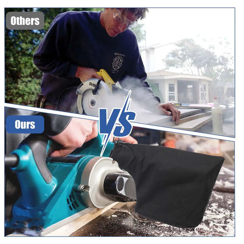 Comparison image showing Badass Heavy Duty Two Pack Dust Collection Bags For Table Saw And Miter Saw in action. Flexible steel wire rim and zipper.