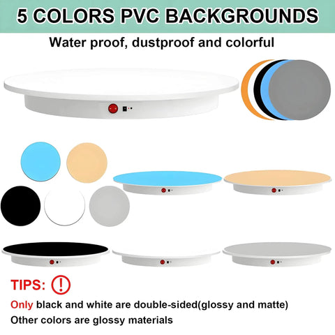 Huge 52cm Motorized Turntable For Product Photography Showcasing With Remote Control And Five Vibrant Backdrop Colors displaying PVC backgrounds.