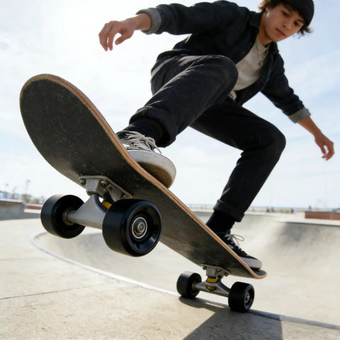 Skater in action using 60mm 88A skateboard wheels with bearings set of 4 black for street and park skating, cruising carving and tricks.