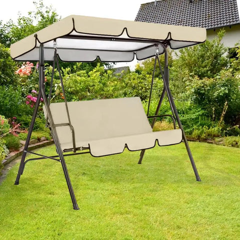 Replacement Canopy For Outdoor Swing 77x50 Inch Beige Oxford Cloth Roof Cover UV Weatherproof Waterproof All Weather installed on swing