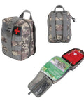 Camouflage pouch of 125 Piece Survival Kit For Outdoorsy Folks And Women, Ultimate Backcountry Emergency Gear with first aid kit.
